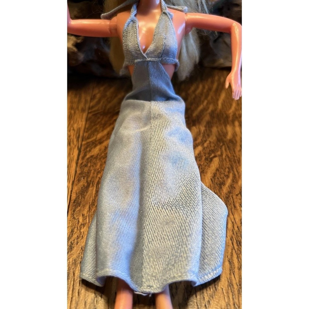 Vintage 11" Doll Shimmery Blue Halter Cutout Gown EUC Fits Barbie